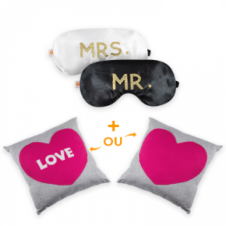 Kit Máscara de Dormir Mrs & Mr + Almofada Coração ou Almofada Coração Love